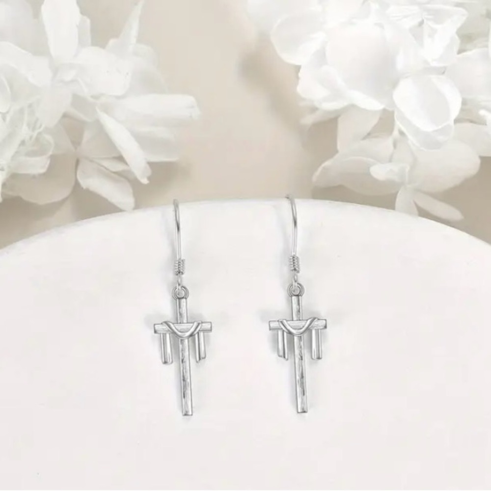 Silver Cross Drop Earrings - Silver